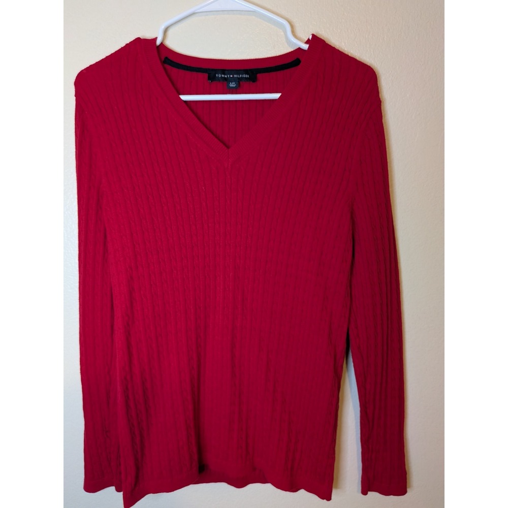 Tommy Hilfiger‎ Womens Red Cable Knit V Neck Long Sleeve Sweater Top L G